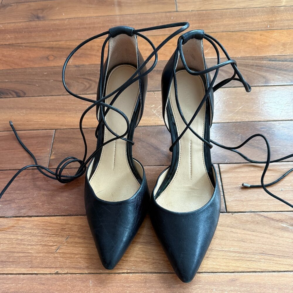 Gianni Bini Black Lace-Up Ankle Tie Pointed Toe Stiletto Heels